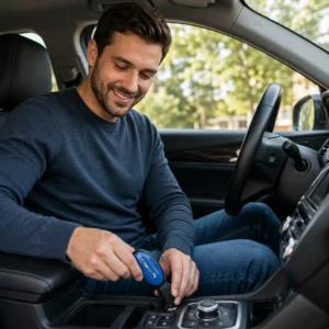 A Men is Installing The FuelSync Pro Device In His Car And Looking Happy.