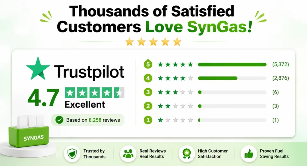 SynGas OBD Fuel Saver customer reviews infographic showing 4.7 rating, fuel-saving benefits, and trusted user satisfaction for better vehicle performance.