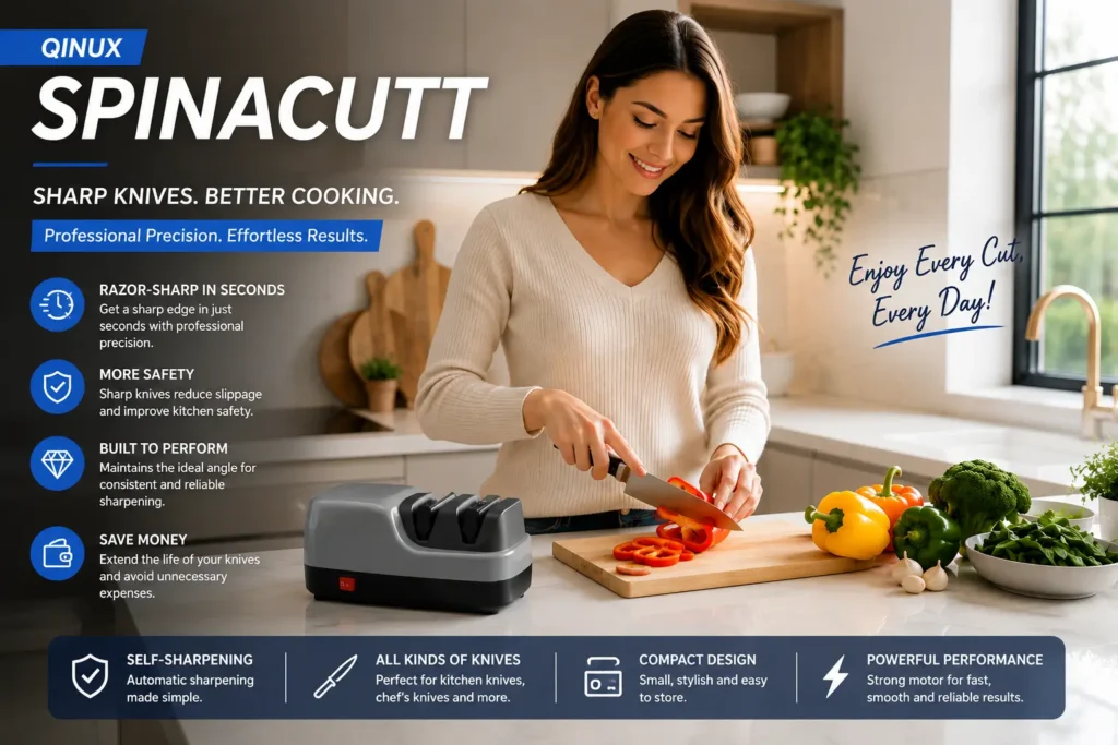 Happy woman using Qinux Spinacutt in a modern kitchen while preparing fresh vegetables, showcasing razor-sharp knife performance, professional precision, and effortless cooking.