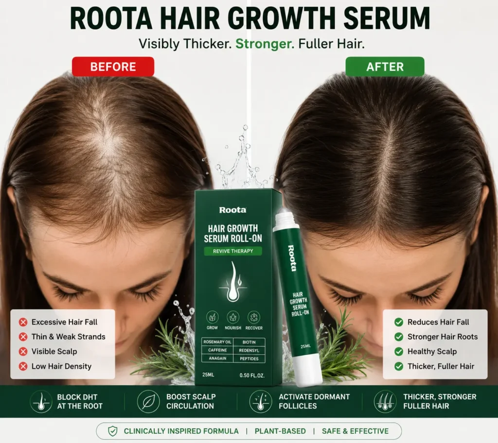 Before and after results of Roota Hair Growth Serum showing visibly thicker, fuller hair and reduced thinning with natural scalp regrowth support.