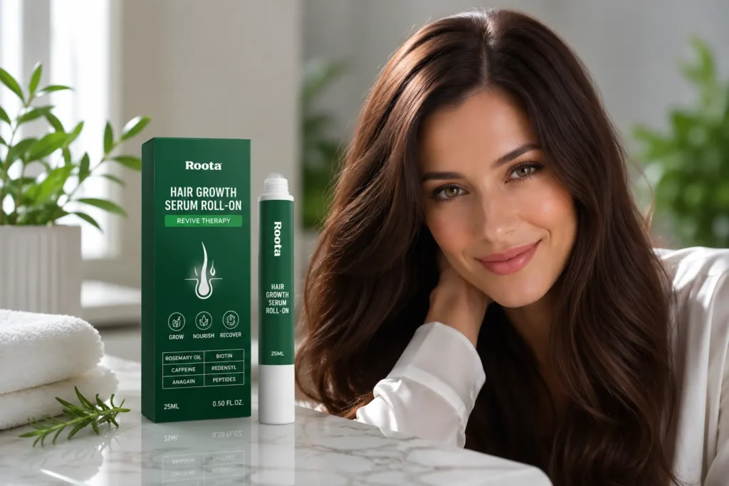 Woman with thick shiny hair beside Roota Hair Growth Serum showcasing healthy hair growth, stronger strands, and fuller natural-looking results.