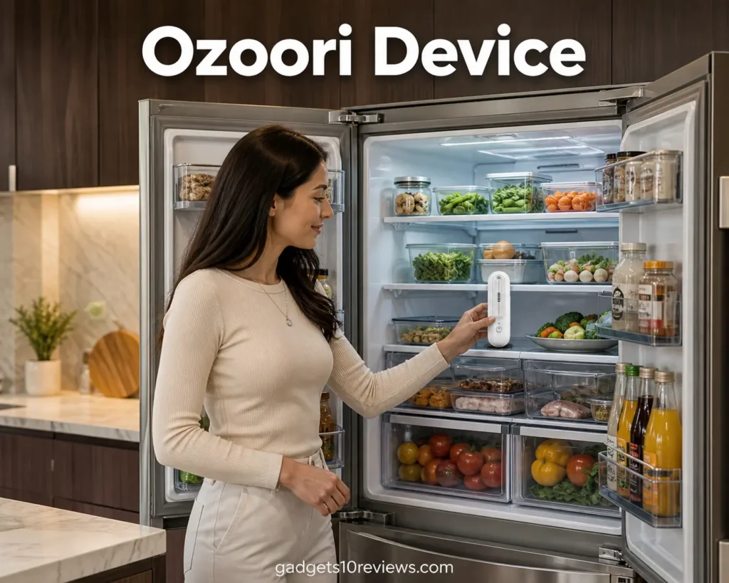 Woman placing Ozoori Fridge Deodoriser inside a modern fridge to keep food fresh and odor-free in a premium kitchen.