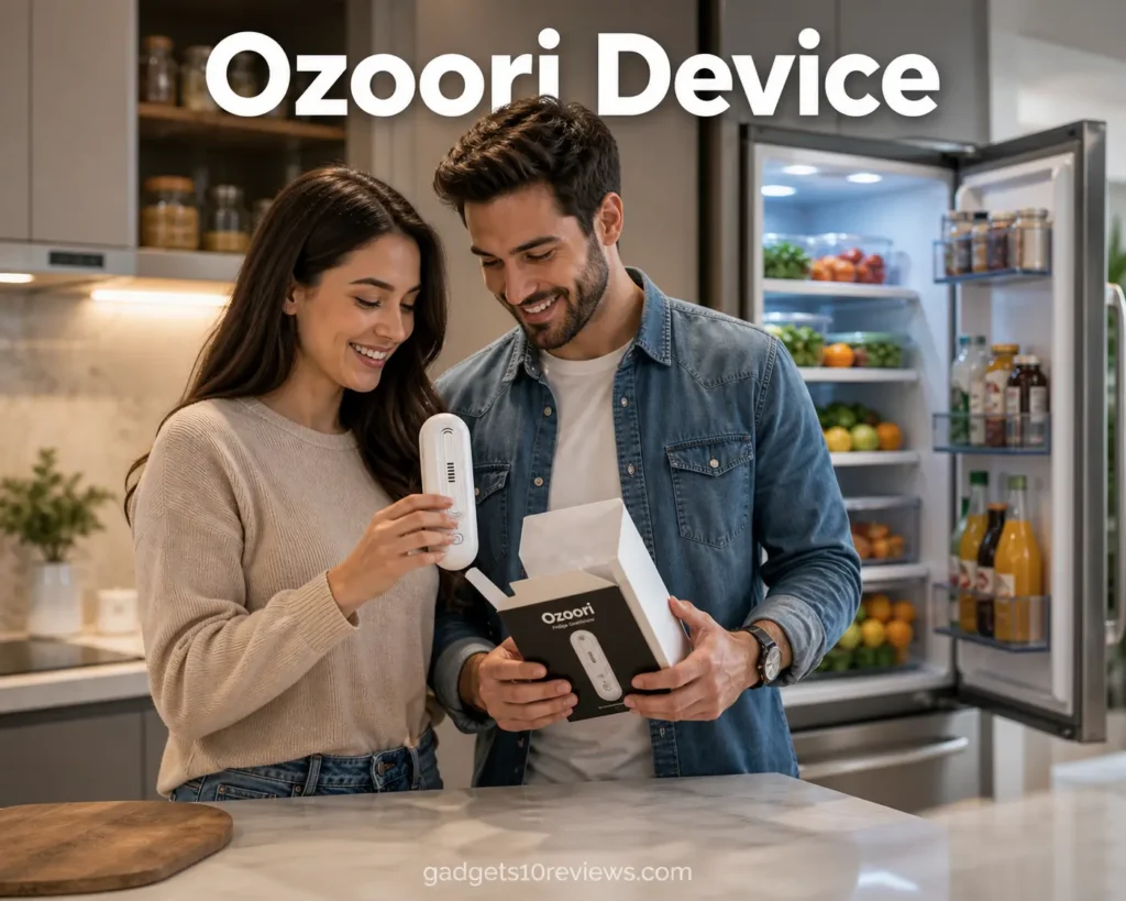 Happy couple unboxing the Ozoori Fridge Deodoriser in a modern kitchen with a fresh and organized refrigerator.
