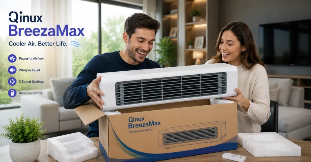 Happy couple unboxing Qinux BreezaMax portable cooling fan in a modern luxury home, showcasing powerful airflow, quiet cooling, and easy setup for summer comfort.
