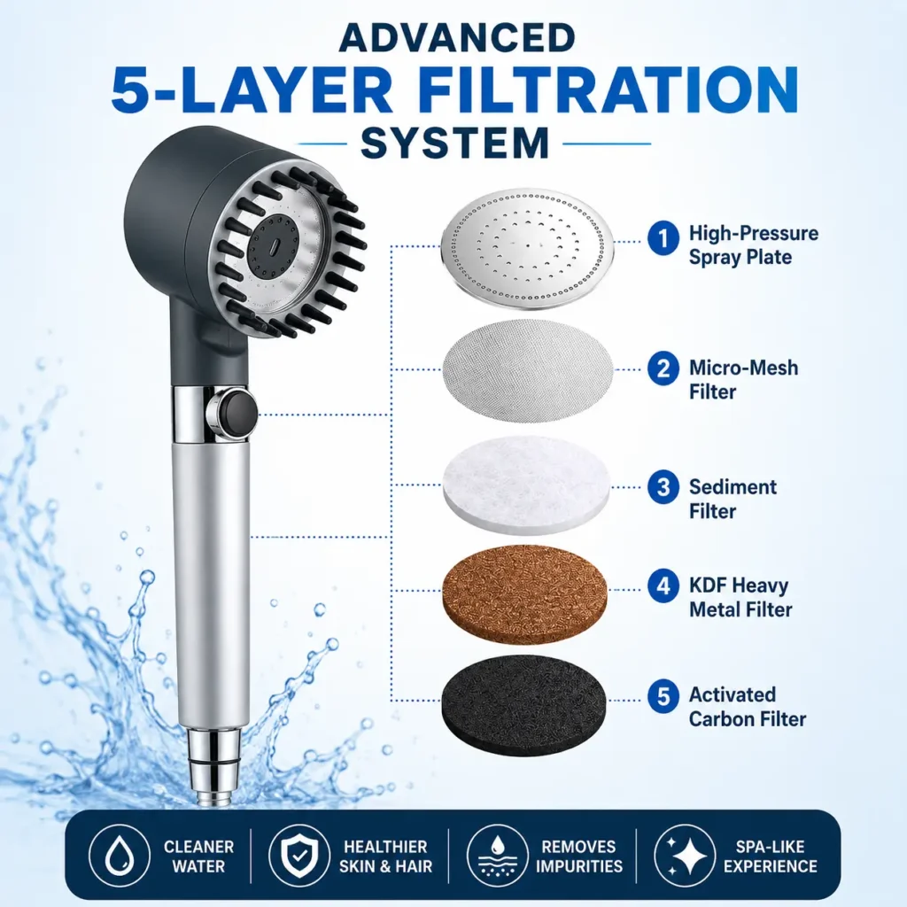 IonShower Spa 5-Layer Filtration System with high-pressure spray technology for cleaner water and healthier skin.