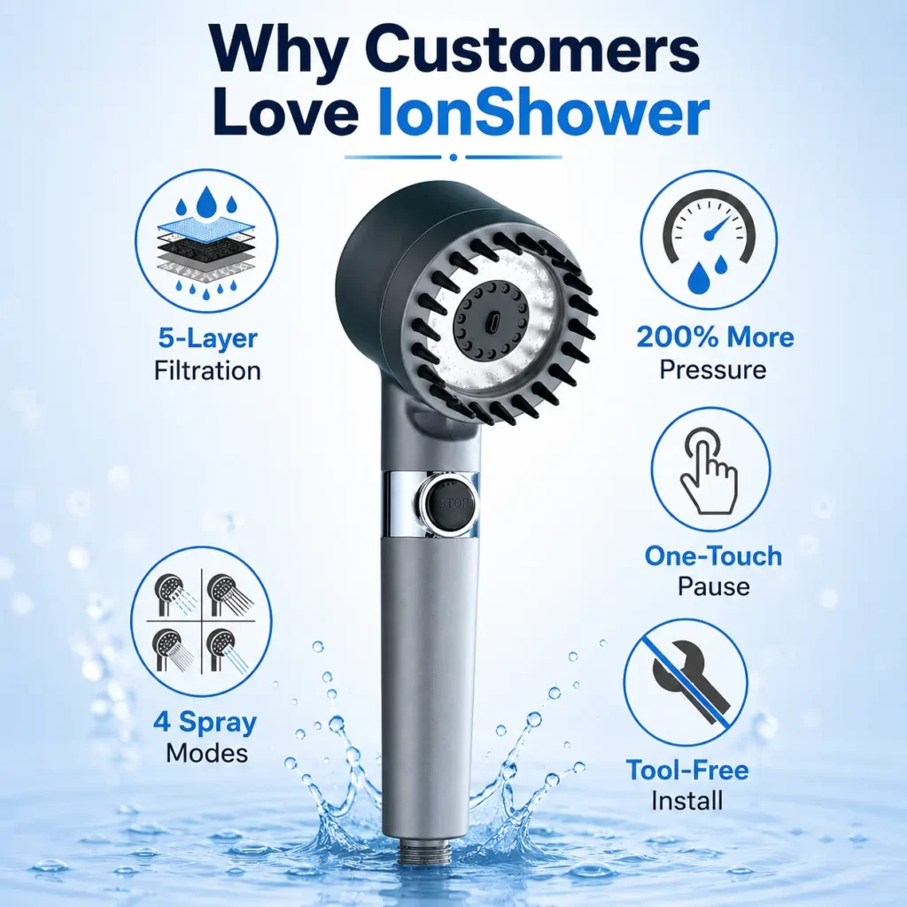 Why Customers Love IonShower Spa – 5-layer filtration, high-pressure spray, and easy installation.