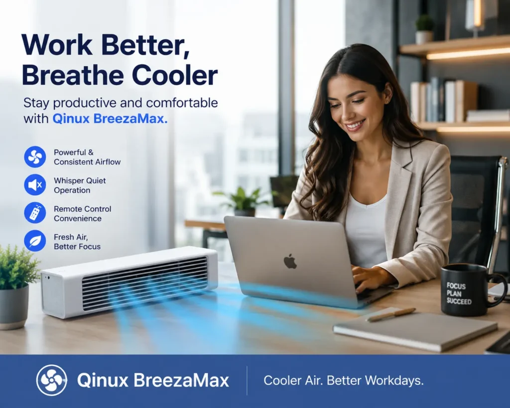 Qinux BreezaMax portable cooling fan on office desk providing fresh airflow while a smiling professional woman works on a MacBook in a modern workspace.