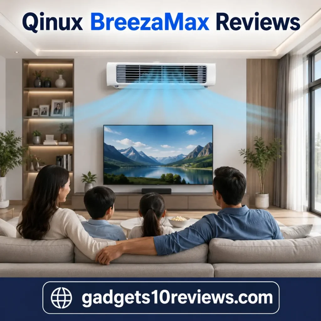 Qinux BreezaMax Reviews – Family enjoying cool comfort in a premium living room while watching TV with kids as the Qinux BreezaMax wall-mounted cooling fan operates quietly