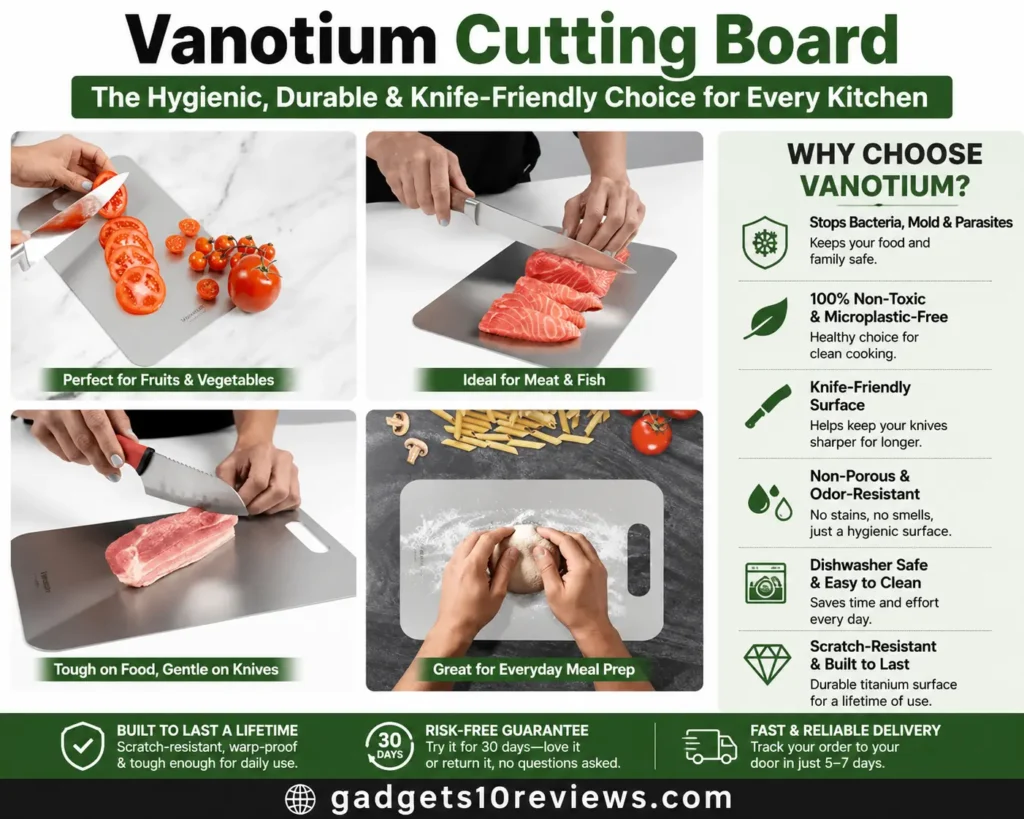 Read All the Benefits of vanotium Cutting board.