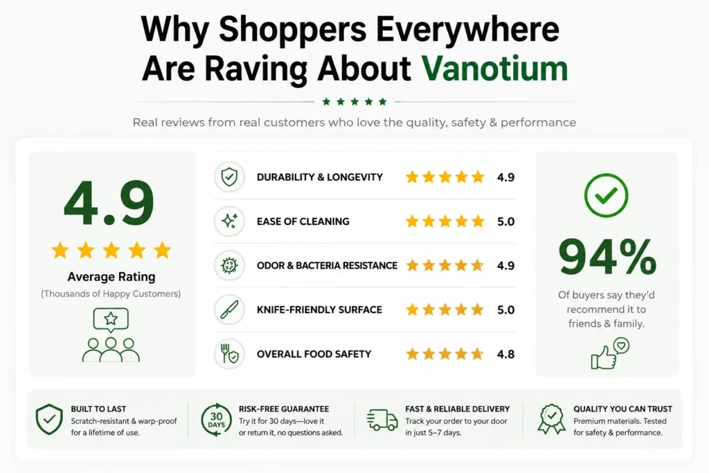 Vanotium Cutting Board customer ratings highlighting durability, hygiene, knife-friendly design, and easy cleaning.
