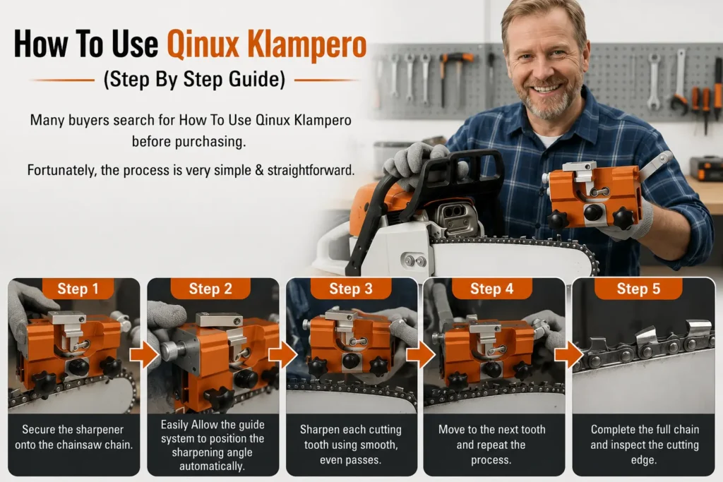 Step-by-step guide showing how to use Qinux Klampero chainsaw sharpener for fast and precise chain sharpening.