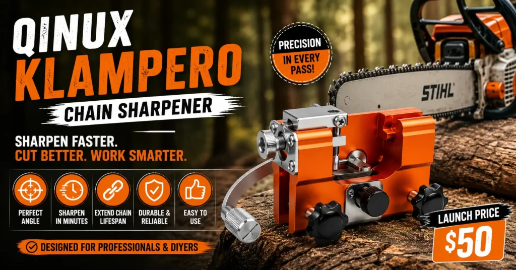 Qinux Klampero chain sharpener featured image for fast, precise, and professional chainsaw chain sharpening.