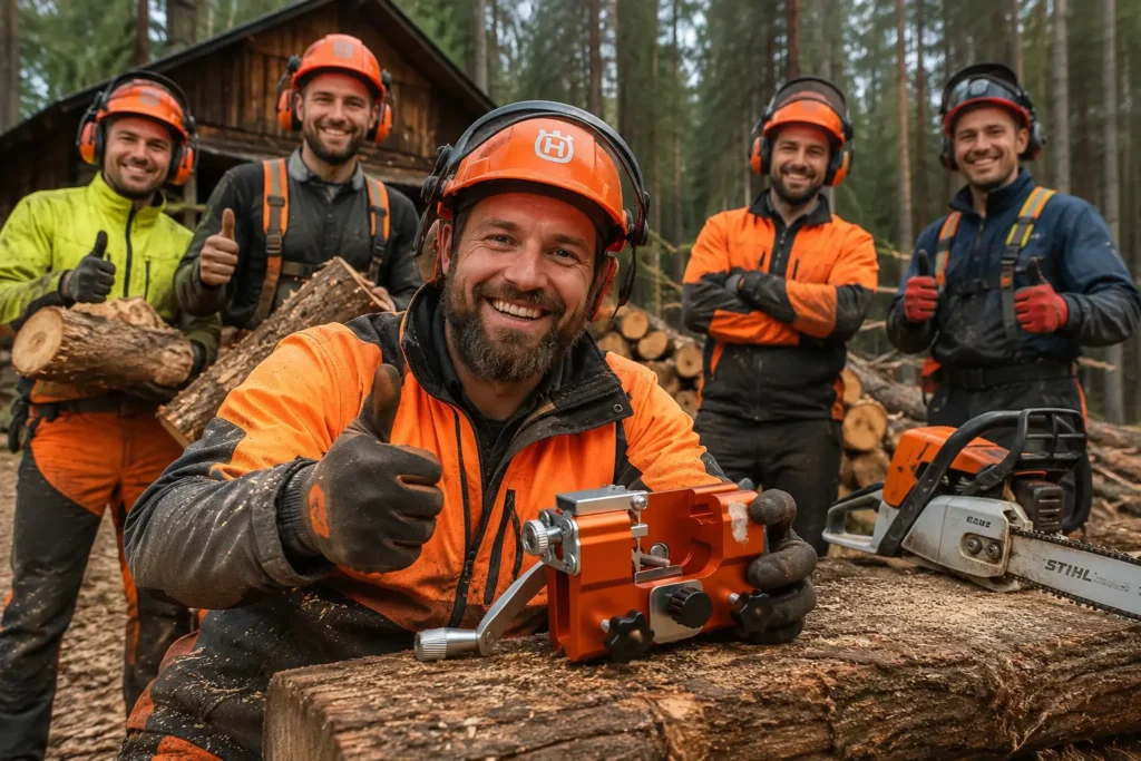 Happy forestry workers using Qinux Klampero chainsaw sharpener for precise chain sharpening in a woodland worksite.