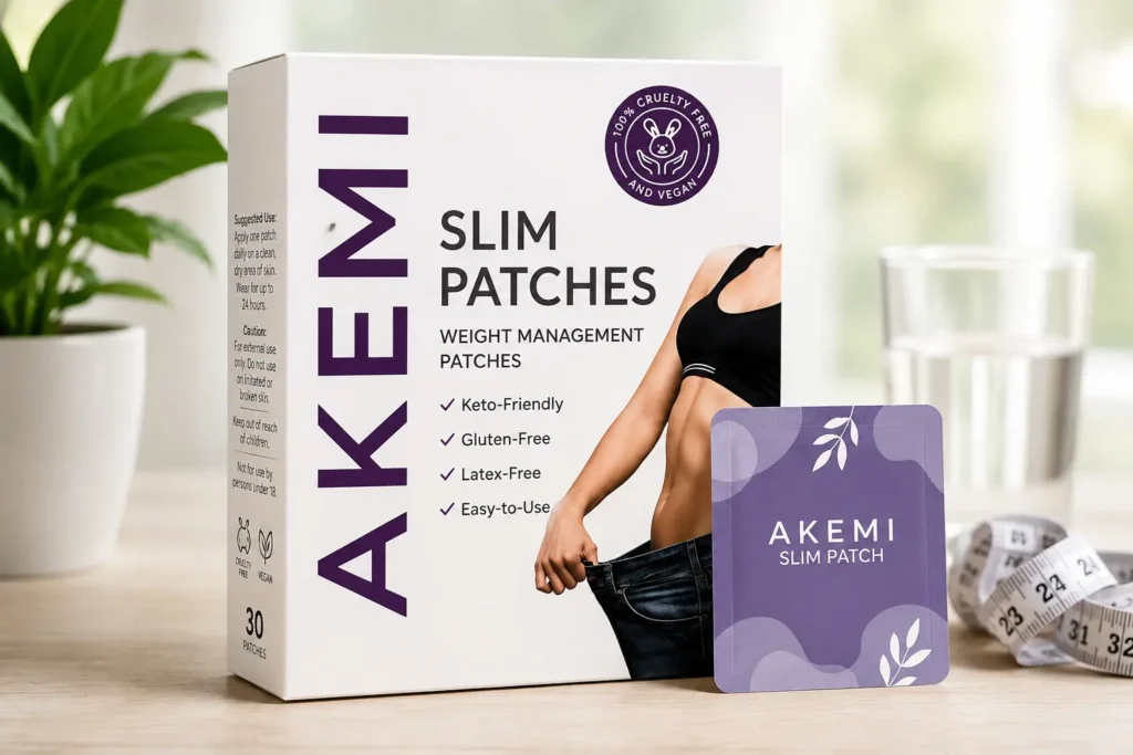 Akemi Slim Patch weight management patches product box and patch for appetite control and weight loss support review.