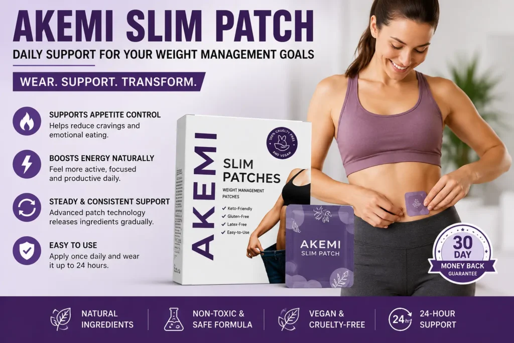Akemi Slim Patch weight management patch applied on abdomen for appetite control and daily weight loss support.