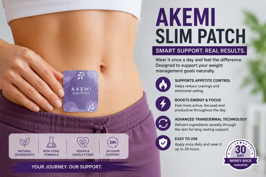 Akemi Slim Patch transdermal weight management patch applied on the abdomen for daily appetite control and wellness support.