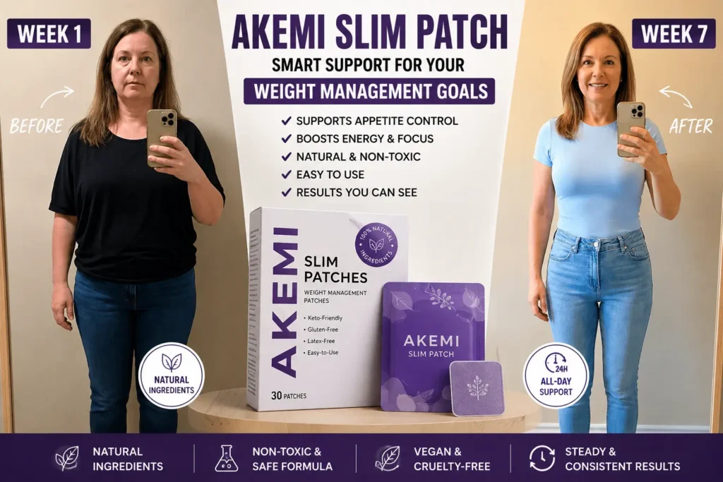 Akemi Slim Patch before and after weight management results comparison showing Week 1 and Week 7 progress.